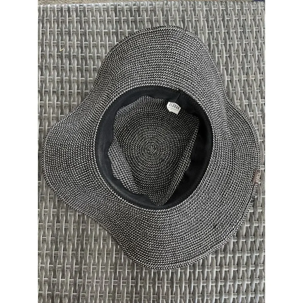 FLABAR Paper Straw Brown & White Mix Floppy Sun Hat with Beaded Hatband 58cms